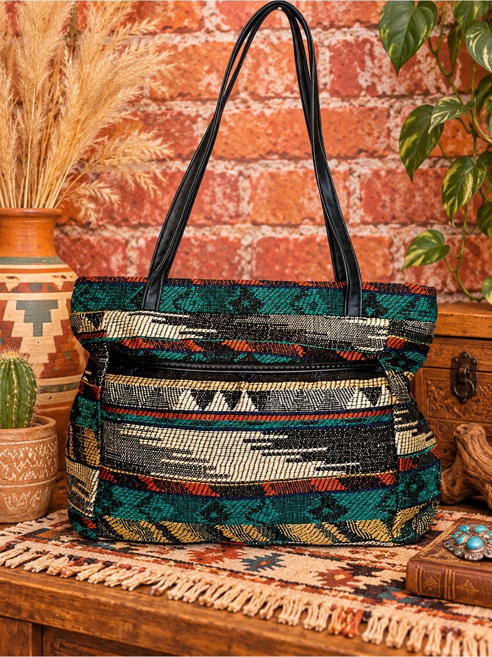 Colorful Southwestern Boho Wool Blend Lightweight Tote Bag